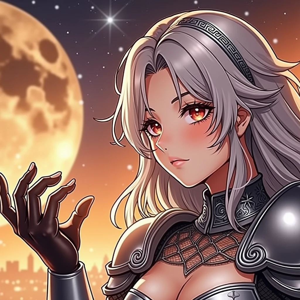 ((masterpiece, Top quality, high resolution, Highly detailed CG unified 8k wallpaper)), (Huge stunning goddess photo, Very hot and sexy, Jaw-dropping beauty, Perfect proportion, Beautiful Body, slim body beautiful:1.3),  Moonlight Confession, night，On the balcony of the old castle, 一位女骑士One knee squat凝视着你, Female knight in medieval armor, One knee squat, I swear to you, A huge full moon in the background, Rear lighting, She put her hands on her chest，I swear to you骑士之誓, Silver armor gleams in the moonlight, Front view, 