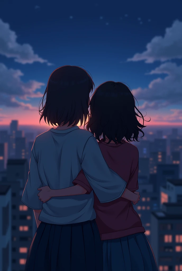 of friends, A girl of 1.67 tall with straight hair, slightly a fringe, while the other girl next to her is 1.50 and has curly hair, both with dark brown hair. hugging each other looking at the horizon on top of a building, while it's night.