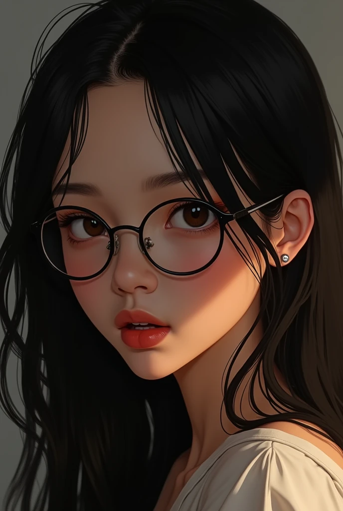young woman, brown skin, long black hair, slightly thin lips, small, slightly round nose with semi-round glasses, dark brown eyes, two moles on the right cheek 