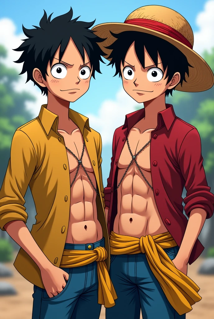 Monkey D. Luffy and a fraternal twin brother beside him. They look exactly alike in heights and appearance. One twin is wearing a hat while the other is not wearing a hat. They look like seventeen years old