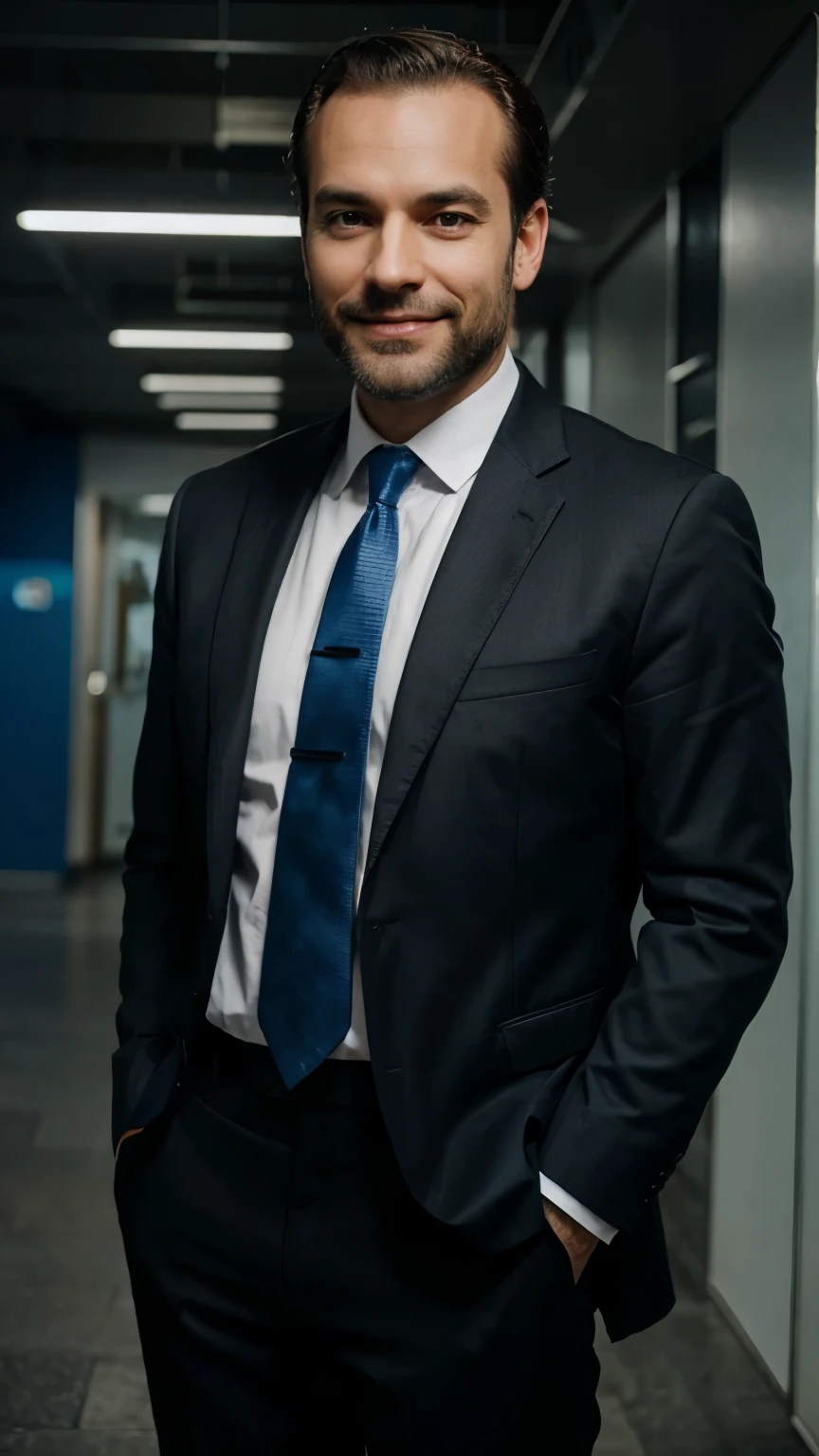 create a corporate LinkedIn style portrait of a robust man in a corporate pose smiling and facing forward with a few days' beard, somewhat gray, very short lead gray hair, and prominent receding hairlines, in a black suit and blue shirt,