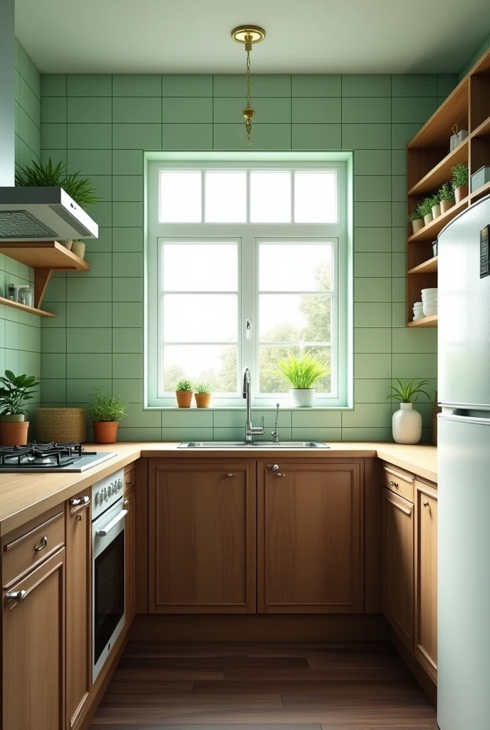 A kitchen with pastel green tiles on the wall, but the countertop near the sink should be wood and the cabinets below should be dark wood colored, that has a silver sink with a large moss green window above it, The kitchen should NOT have floating countertops, It must have a gas stove and a white refrigerator., The kitchen floor should be dark brown, The concept of kitchen layout should be straight