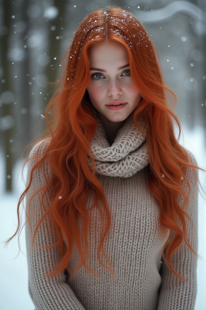 Ultra-realistic, photograph, Long Red Hair, girl, 24-years-old, Hourglass Shape, Perfect body, Sexy expression, Highly detailed art gems, Art Germ Style, Small breasts, To the camera, Lens 35mm, Blur the background, Winters,Snow Scene,Beautiful age girl,Lace pantyhose,Random Color,Long sweater,scarf,Depth of written boundary,Real Light,Ray Tracing,OC Renderer,UE5 Renderer,Ultra-realistic,Highest quality,8k,Masterpieces,Ultra-fine,Correct Anatomy
