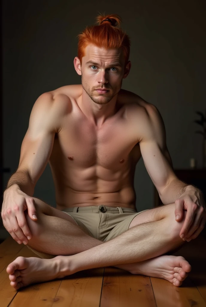 man, fit and hot, with legs open on a wooden table, , embarrassed, orange hair tied k erect aarge