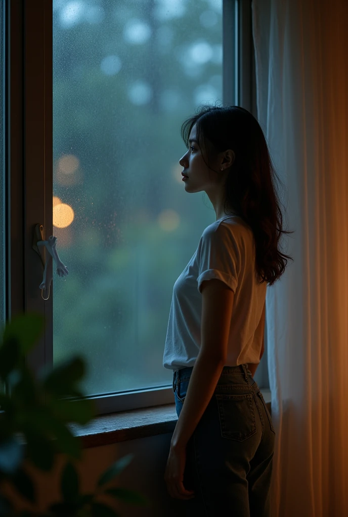 far view full standing behind view but she look at the window cute girl sad face but smiling. beauty of her. at rainy day in night. many bokeh light and front her is blur light. the image show full view that girl body show his head an legs and shoes at the bedroom, with soft light. she wearing long jeans. wearing t shirt.