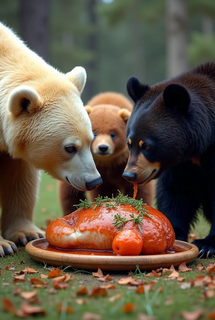 a polar bear, brown bear, panda bear and a black bear eating a full meal
