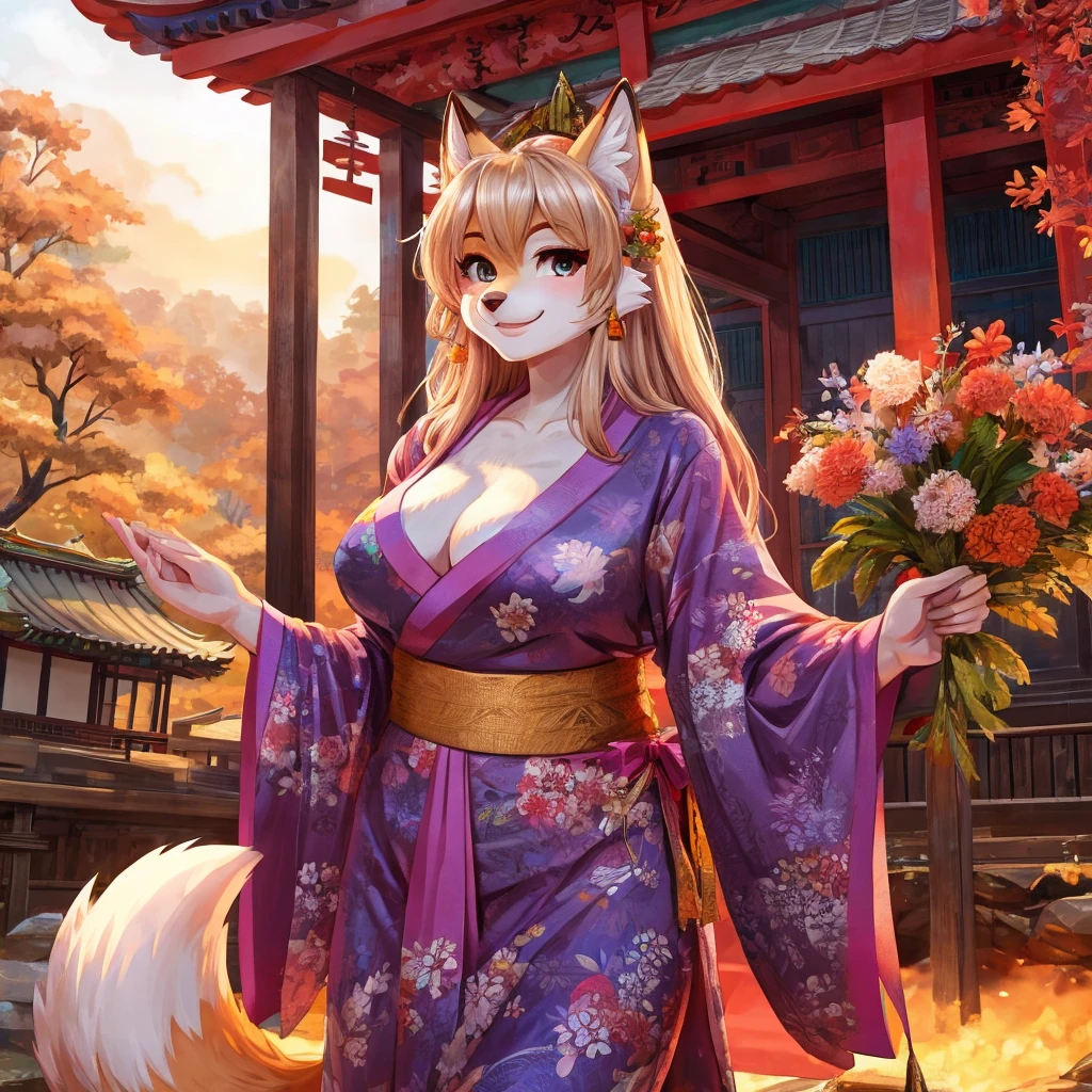 Ceroba，B cup breasts，kimono，shrine，A warm smile，Fluffy fox tail