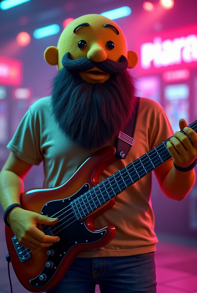 Bearded Videogame pacman with a bass guitar
