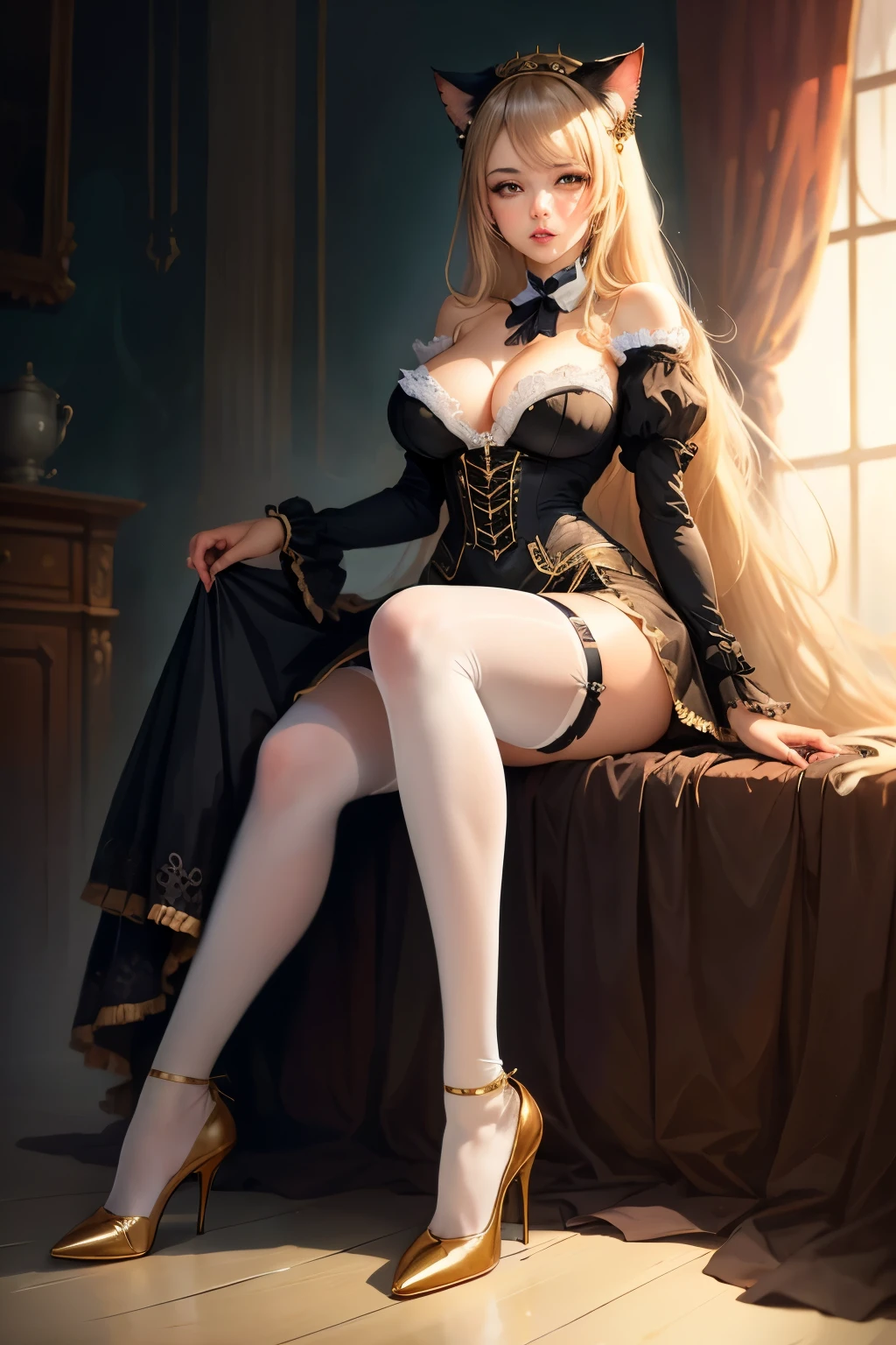 Sexy cat girl, cat ears, straight long hair, golden eyes, short Victorian dress, white stockings, garters, high heels, dark background, gloomy atmosphere, high detail