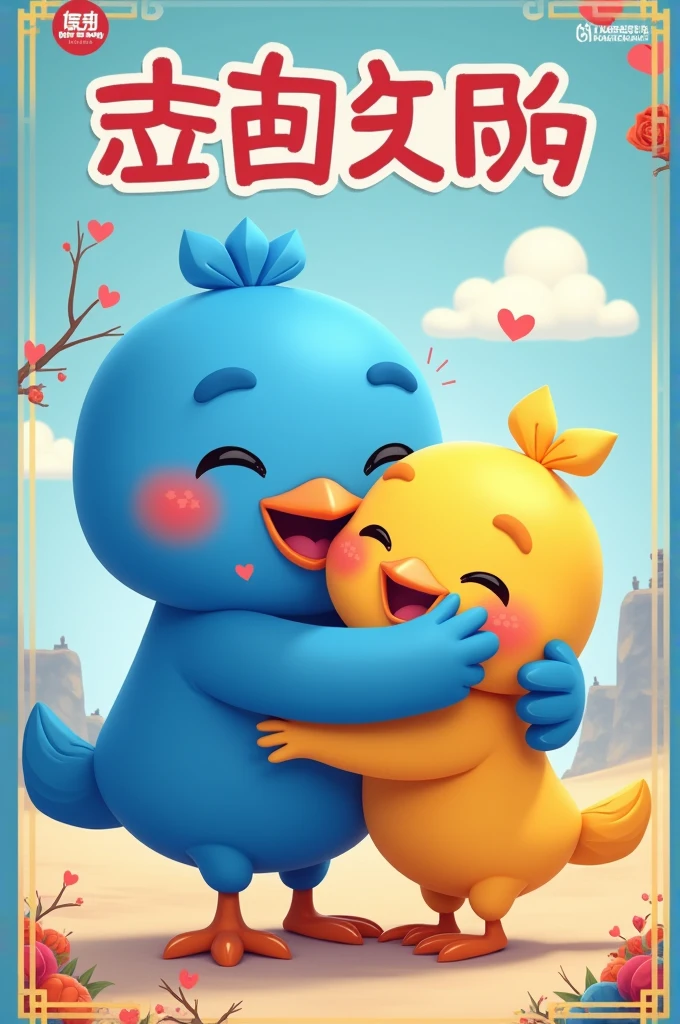 avatar (little blue bird) from the game WePlay the WeIrmão hugging another avatar celebrating his birthday. You need to use the fonts, colors and logos from the Chinese WePlay game
