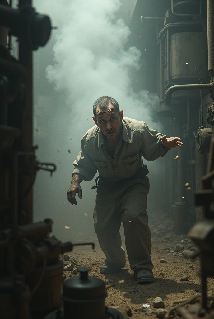 Make an easy drawing of a worker in a factory surrounded by dust, with an expression of respiratory distress.