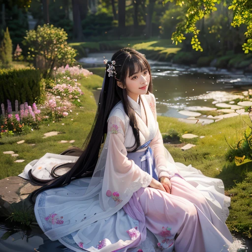 best quality, Delicate face,beautiful visual work, lifelike, eternity, black hair, Long curly hair, blunt bangs, Smile, Detailed Background, Delicate face,blush,cold,((masterpiece))、(top quality)、8k、high detail、Super detailed,21 years old female,Wearing Tang Dynasty Hanfu、waist skirt, Clothes are light and fluffy,Hanfu, wide sleeves, Transparent sleeves, Tunic, Clothes made of chiffon, Seductive and whimsical style、masterpiece、born、Scenes resembling fairy tale illustrations、Intricate details and complex designs、Beautifully、magic、capricious、 Beautifully、Dream aesthetics、「𝓡𝓸𝓶𝓪𝓷𝓽𝓲𝓬、ethereal、charming、fickle、magic」、Realism、Visual effects、FXAA、SSAO、Shaders、voiceless、ambient lighting、Tone mapping、High resolution、Ultra high quality、Million pixels、(8K resolution:1.10)、8k、Below 8K、8K resolution、high detail、intricate details, (high quality:1.2、masterpiece:1.2、:1.21)、(21 years old female:1.21)、(Smile excitedly)、(Surrounded by a dream-like atmosphere、Model diagram,full-body shot,Normal 2 feet,Put your hands behind you,The protrusion of the breast is visible when wearing clothes, Large Breasts, H cup chest, antiquity, Xian Xia, gauze clothes, Soft and fluttering, Fairy, dream, fantasy, light, elegant, nature, Immortal, romantic, classical, ribbon, light purple clothes, By the stream