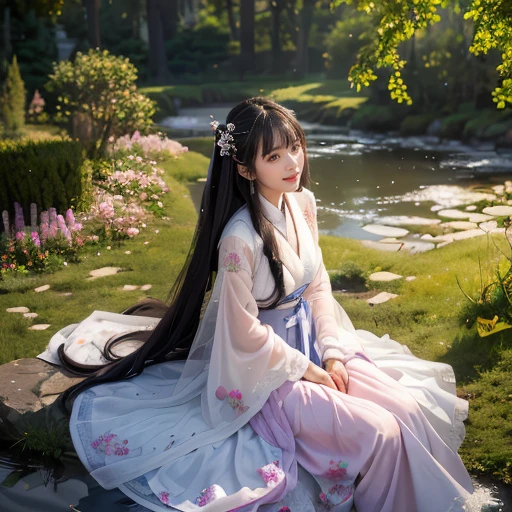 best quality, Delicate face，beautiful visual work, lifelike, eternity, black hair, Long curly hair, blunt bangs, Smile, Detailed Background, Delicate face，blush，cold，((masterpiece))、(top quality)、8k、high detail、Super detailed，21 years old female，Wearing Tang Dynasty Hanfu、waist skirt, Clothes are light and fluffy，Hanfu, wide sleeves, Transparent sleeves, Tunic, Clothes made of chiffon, Seductive and whimsical style、masterpiece、born、Scenes resembling fairy tale illustrations、Intricate details and complex designs、Beautifully、magic、capricious、 Beautifully、Dream aesthetics、「𝓡𝓸𝓶𝓪𝓷𝓽𝓲𝓬、ethereal、charming、fickle、magic」、Realism、Visual effects、FXAA、SSAO、Shaders、voiceless、ambient lighting、Tone mapping、High resolution、Ultra high quality、Million pixels、(8K resolution:1.10)、8k、Below 8K、8K resolution、high detail、intricate details， (high quality:1.2、masterpiece:1.2、:1.21)、(21 years old female:1.21)、(Smile excitedly)、(Surrounded by a dream-like atmosphere、Model diagram，full-body shot，Normal 2 feet，Put your hands behind you，The protrusion of the breast is visible when wearing clothes, Large Breasts, H cup chest, antiquity, Xian Xia, gauze clothes, Soft and fluttering, Fairy, dream, fantasy, light, elegant, nature, Immortal, romantic, classical, ribbon, light purple clothes, By the stream