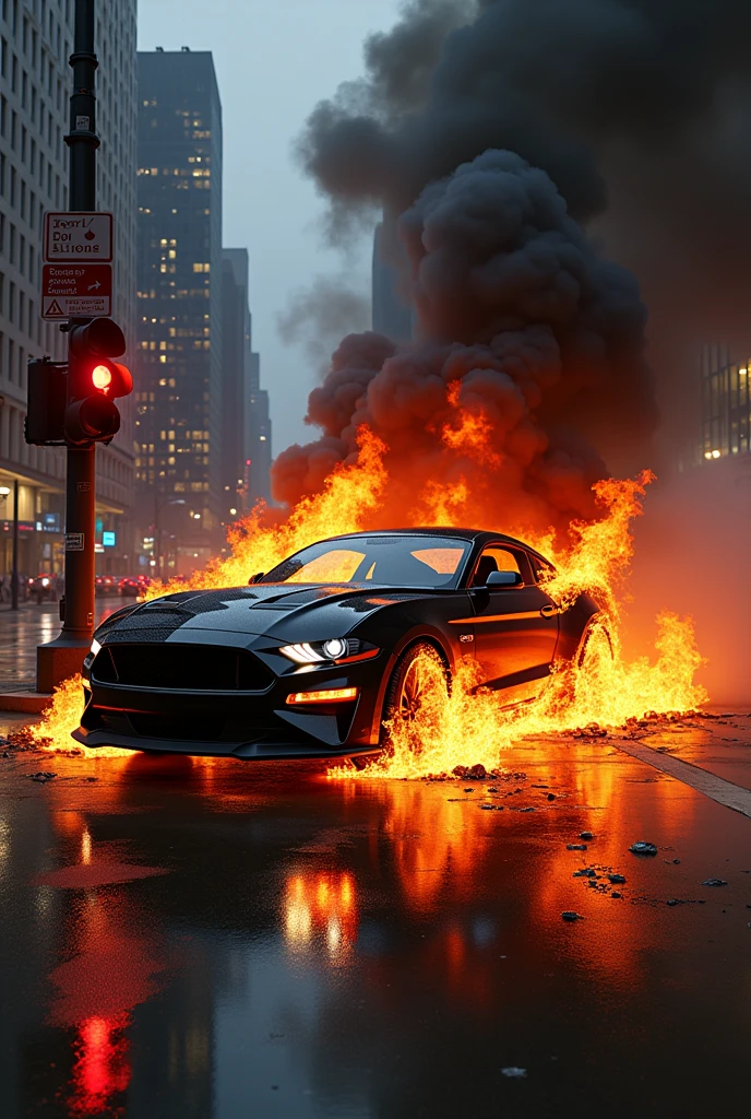 2018 Ford Mustang Shelby on fire with black smoke at a traffic light 