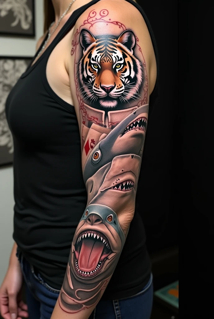 Full arm tattoo featuring a tiger, A shark and some cards