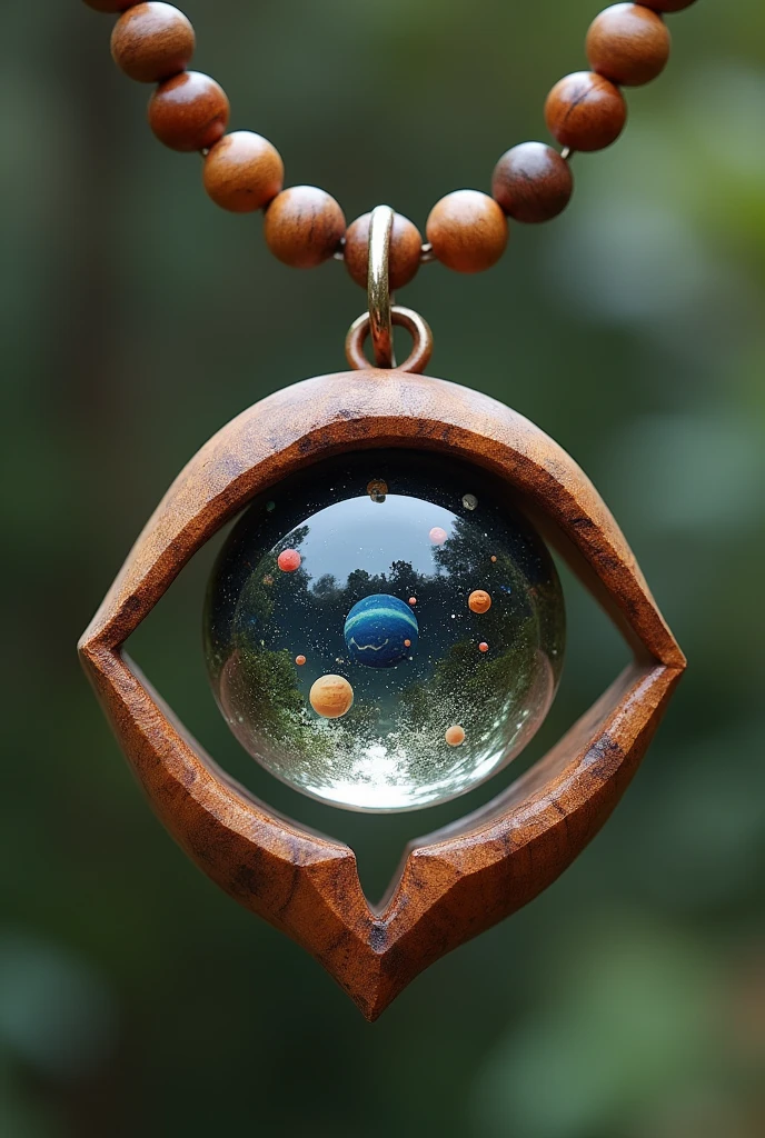 collar, thin oval wooden edge, In the center of the oval there is a sphere with space and planets inside it., The chain is made of small wooden spheres that hold the shape by one of the corners of the oval., The oval is shaped like an eye