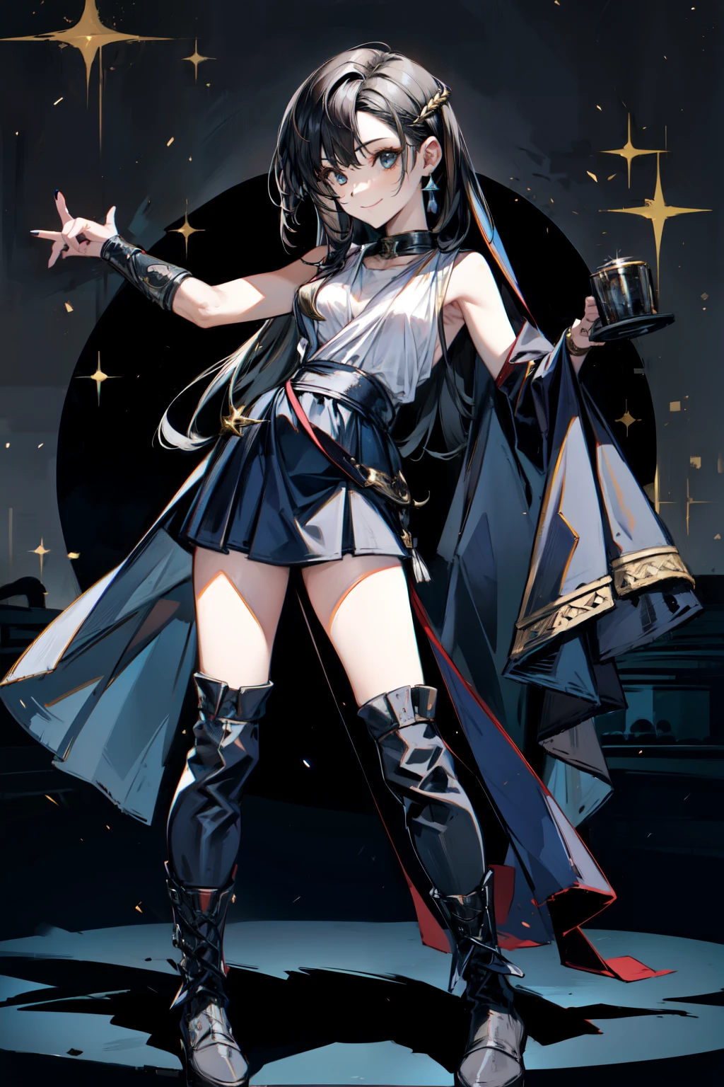 (masterpiece, best quality:1.2), perfect eyes, perfect face, ultra detailed face , Tifa Lockhart, strong make up, highres, 1 girl, solo, make up, (female:1.5),satin, white anciente greek clothes, sleeveless turtleneck, bracer, evil smile, standing, portrait, looking at viewer, giant sword on the back, long leather boots, fullbody shot