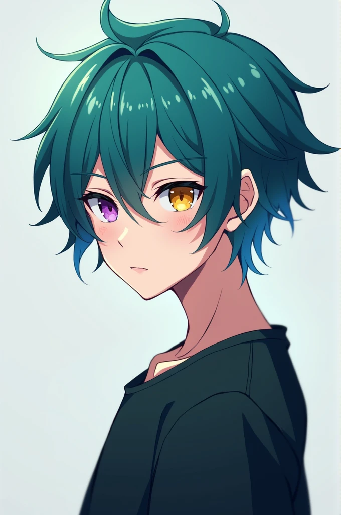Short hair anime boy, color right half dark turquoise and left half light turquoise, with heterochromia right eye purple and left eye yellow