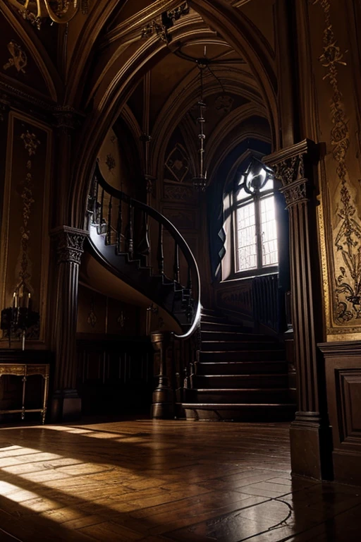 Interior rooms of the most sinister castle in the world, very baroque, many beautiful colors, twisted gothic interior stairs