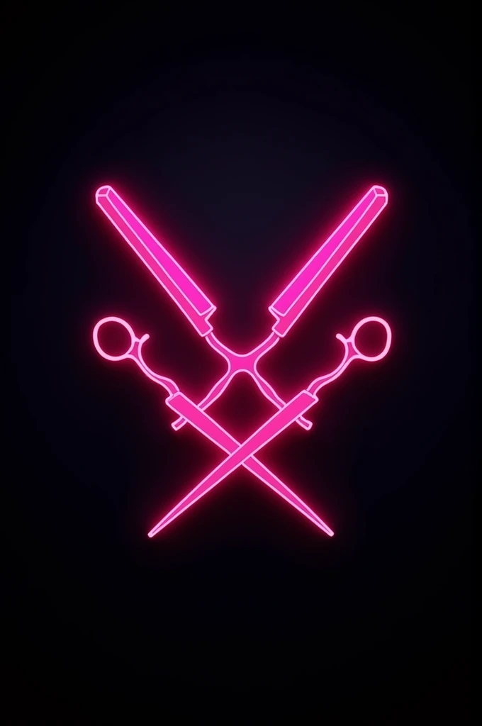 Neon pink ladybarber logo with black background including razors and scissors 