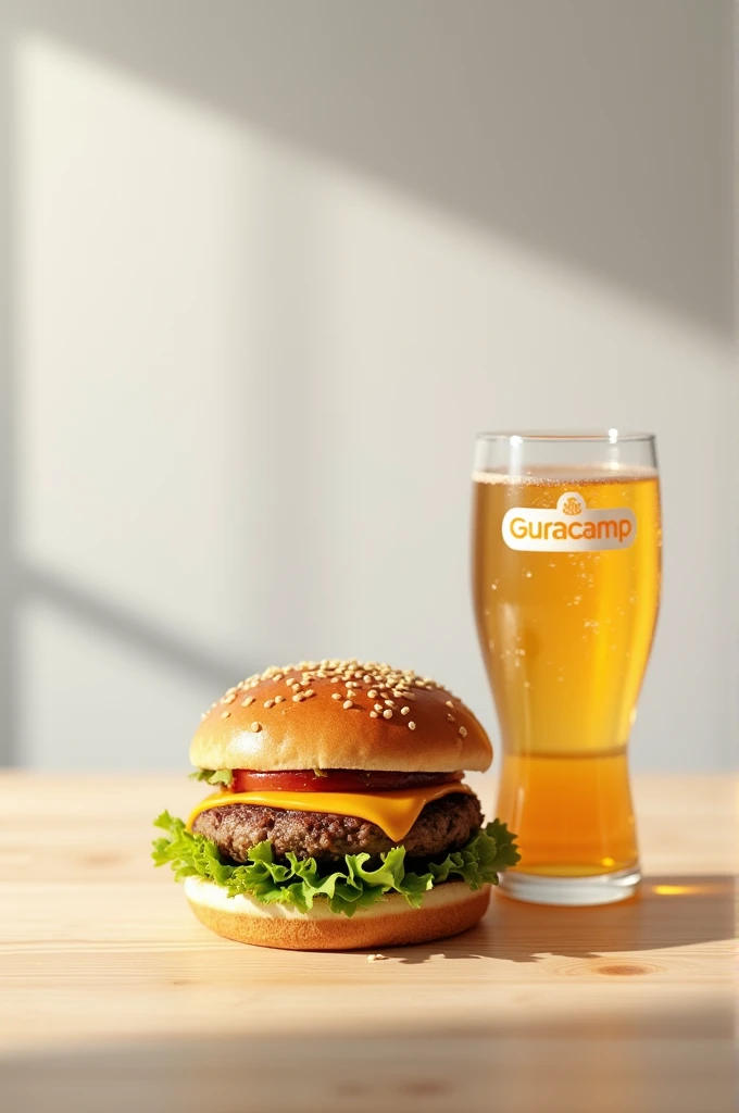 A hamburger next to a Guaracamp brand glass on a light wooden table
