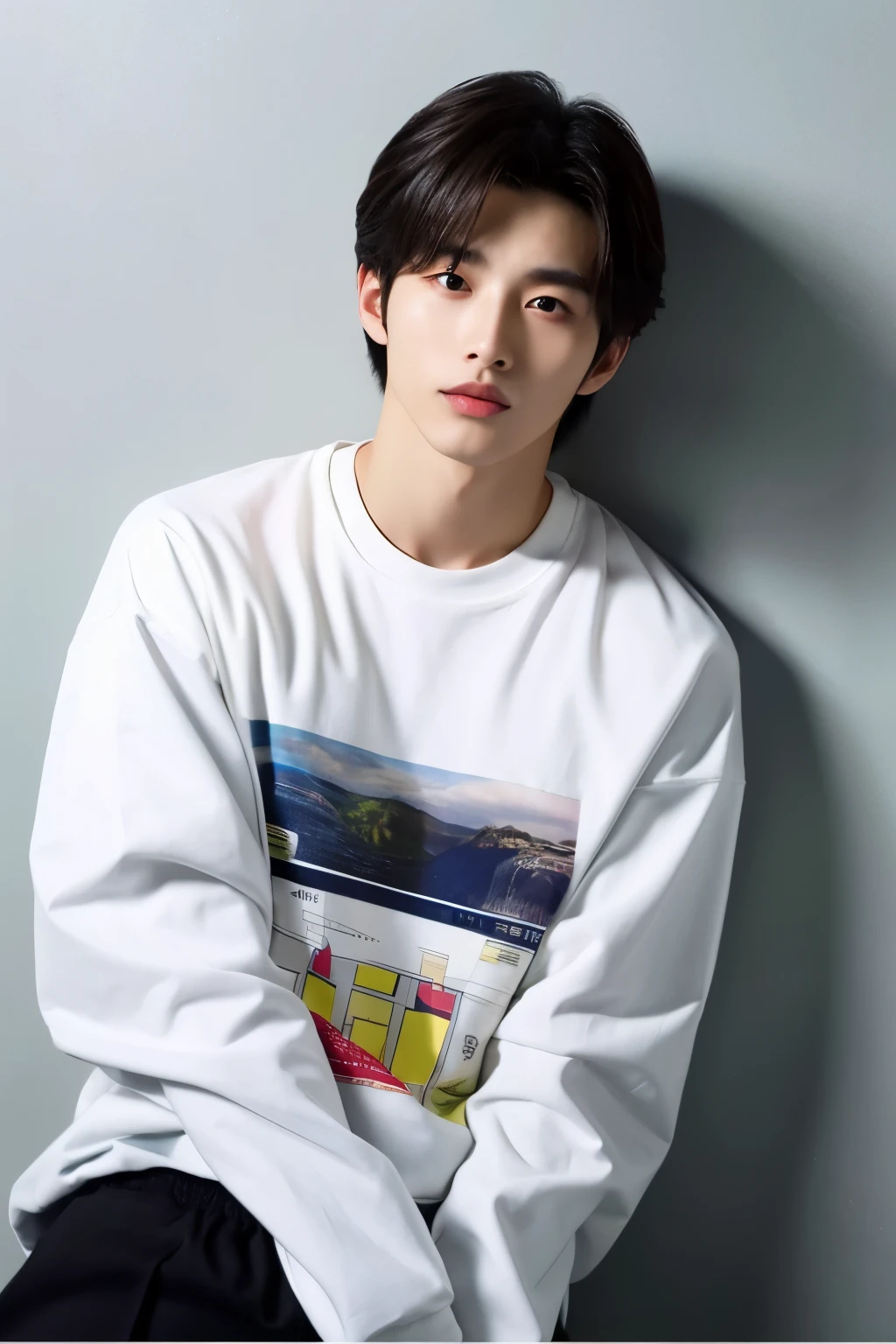 Korean man, handsome face, long sleeve t-shirt
