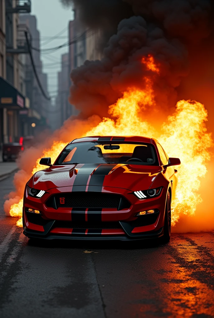 2018 Ford Mustang Shelby on fire with black smoke 