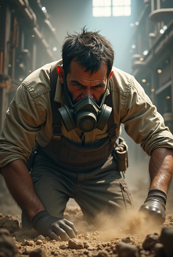 Make an easy drawing of a worker in a factory surrounded by dust