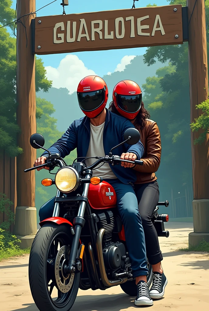 Here is the description of the illustration:

A couple on a Honda CB motorcycle at the entrance to the Guarulhos Zoo. The man is muscular, 4th year, offwhite, wearing a red motorcycle helmet and a navy blue bomber jacket. The girl is 27 years old and is on the back, hugging him around the waist,  She is a brunette with very black hair wearing black pants, All Star and a leather jacket. She wears a red helmet. The background shows the entrance to the zoo, with the plate visible.  Helmets cover the face This description should give you a good idea for creating the desired illustration. If you need more details or adjustments, me avise!
