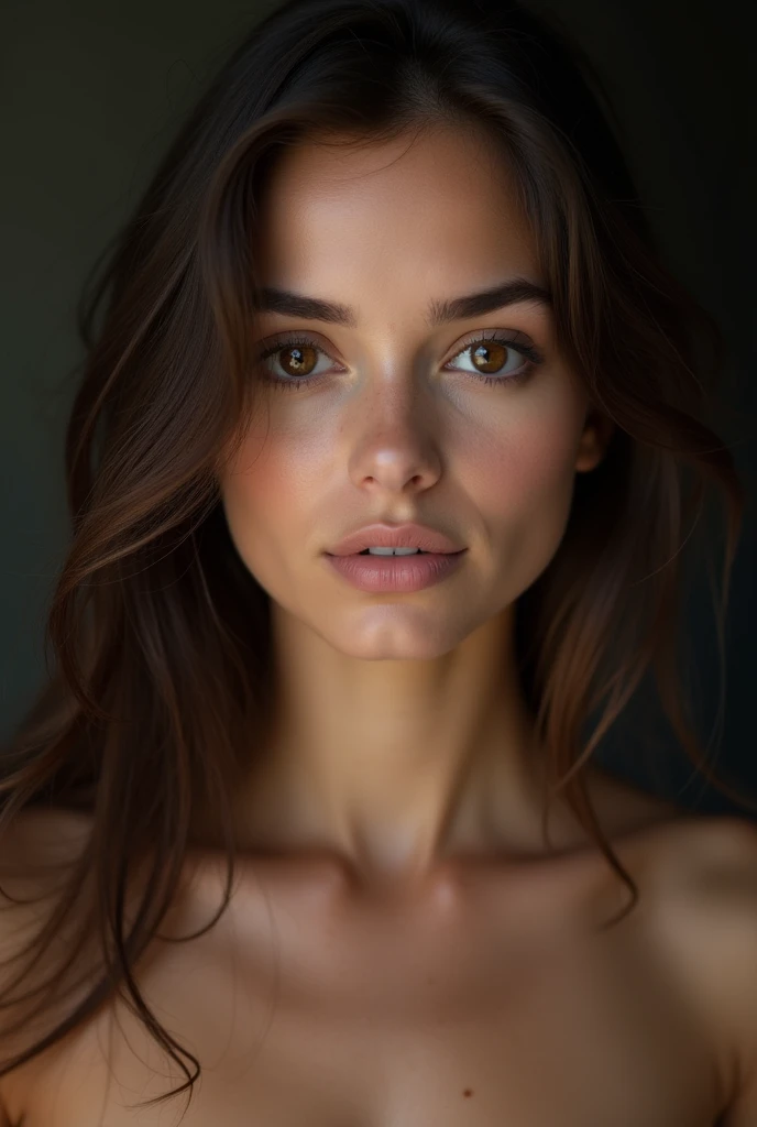 Pretty Lady,, dark make-up, Hyper detailed photography, smooth light, head and breast portrait, cover,, best quality, (detailed beautiful face, detail skin texture, ultra-detailed body:1.1) brown hair, Hazel Eyes 18 Years Teen, naked