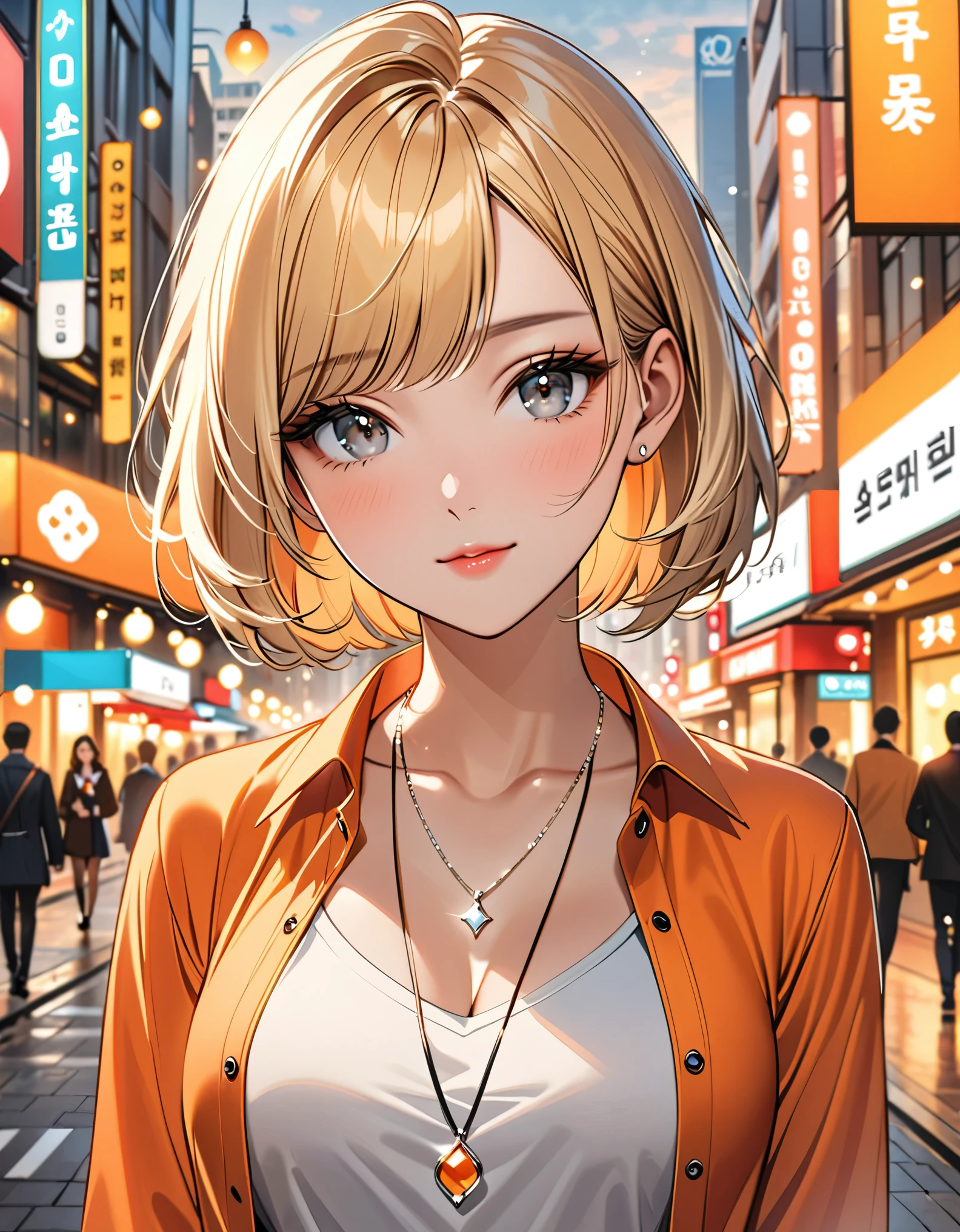 Curled bob cut, platinum hair woman in orange collared shirt posing to take photo in city, 8K artgerm Bokeh, well-proportioned body, beautiful korean woman, gorgeous necklace, beautiful young korean woman, soft portrait shot 8 K, korean girl, double and narrow eyes, beautiful gray eyes, Los Tran 8 K, Cute young woman, Korean woman, beautiful blonde girl