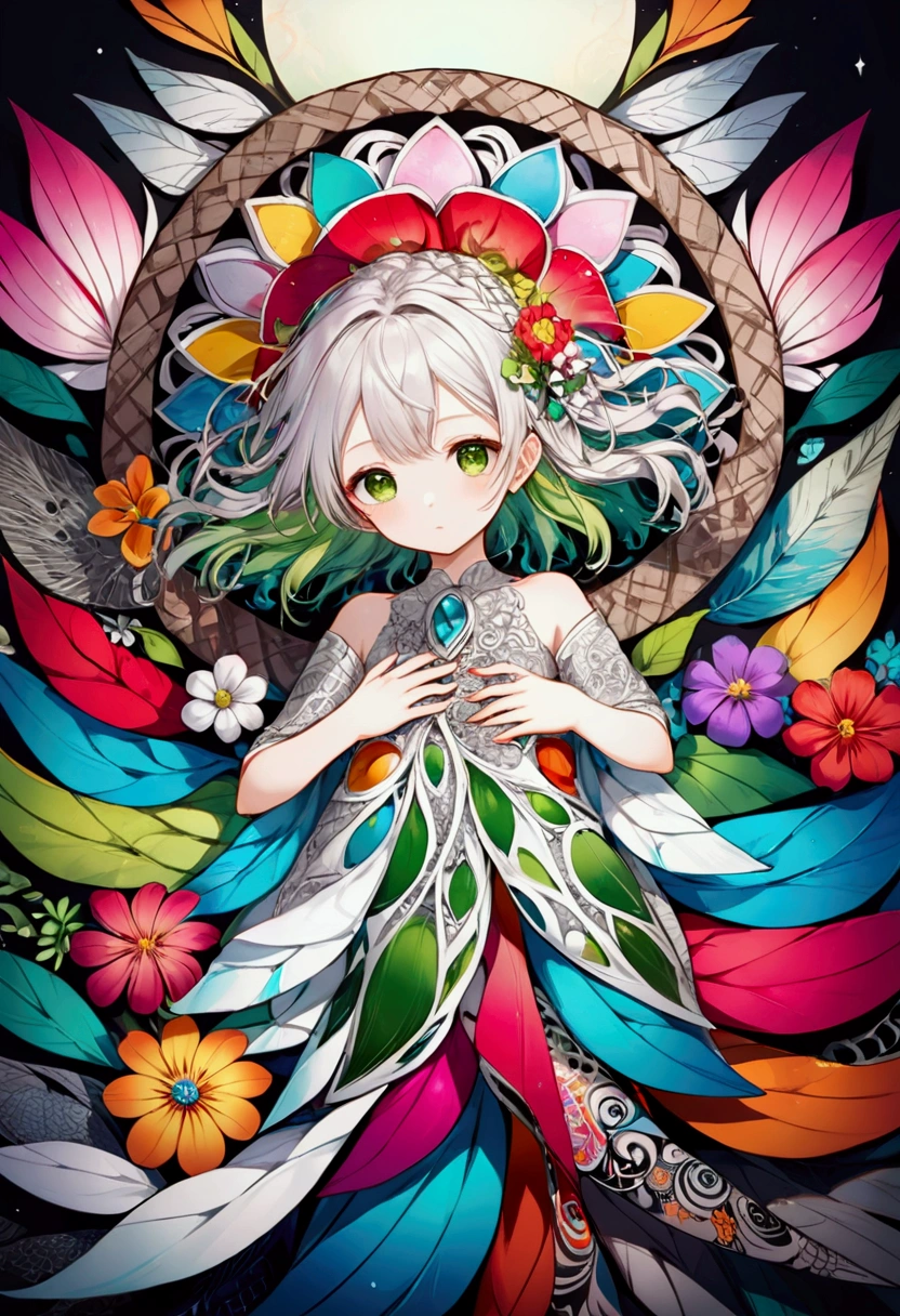 Realistic,High resolution, Highest quality,Official Art, colorful, Very detailed, whole body, beautiful, masterpiece, Highest quality, (zenTangle, colorful, Tangle, enTangle), (Flower Ecstasy:1.2) Dynamic Angle, Girl, the most beautiful form of chaos, elegant, Brutalist Design, Vibrant colors, Romanticism, whole body,The background is silver&green: Surrounded by a white aura、god々Shii、An illustration、12 years old、whole body