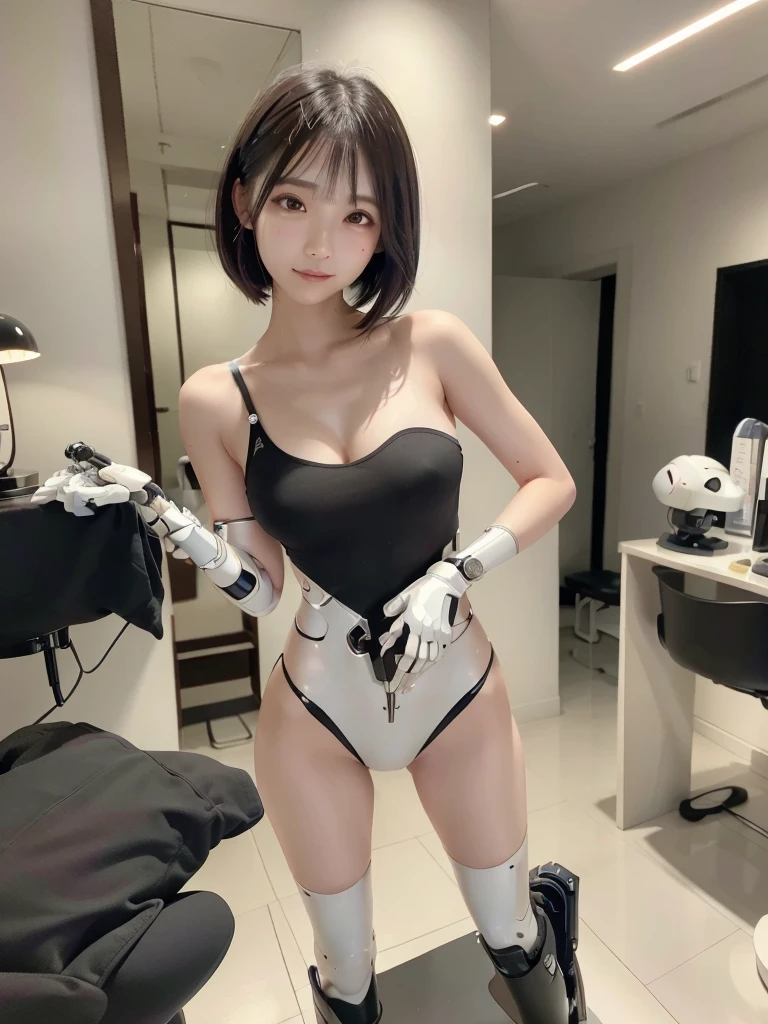 masterpiece, Highest quality, Very detailed, (8k, 4K, Highest quality, High resolution, 超High resolution:1.1), (Tabletop, Realistic, Photorealistic:1.1)Japanese anドロイド woman,Chubby ,Control panel,Activation,Android,Mechanical Hand,Robotic arms and legs, Black Robot Parts,Black Hair,Dark black knee-high socks,Black sponge joint,Blunt bangs,White robot body,Ceramic body,Jockey Boots,Perfect Cyborg Girl,Standing with legs apart,