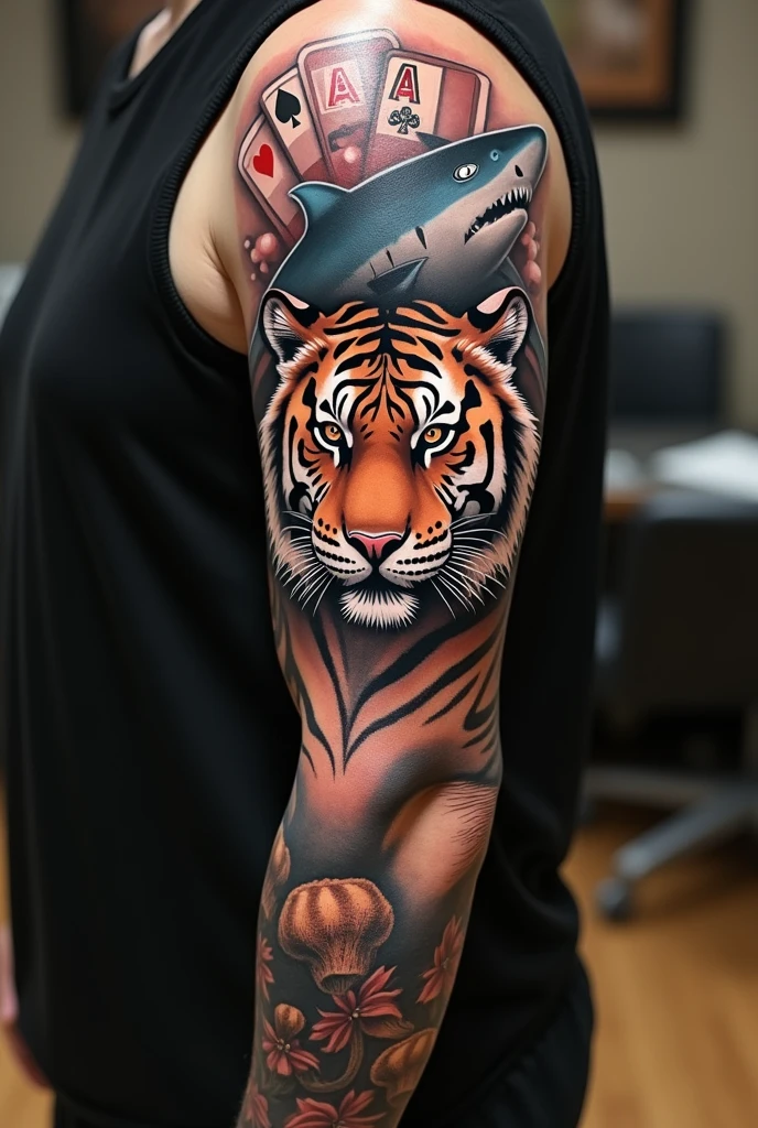 Full arm tattoo featuring a tiger, A shark and some cards