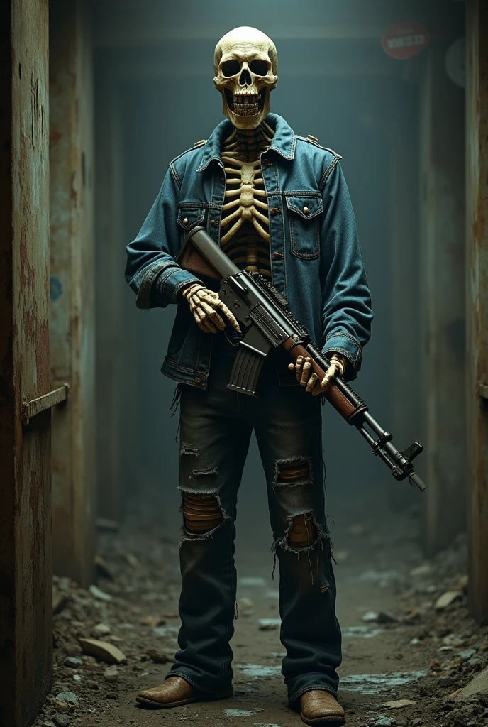 A skeleton wearing jeans and holding a gun