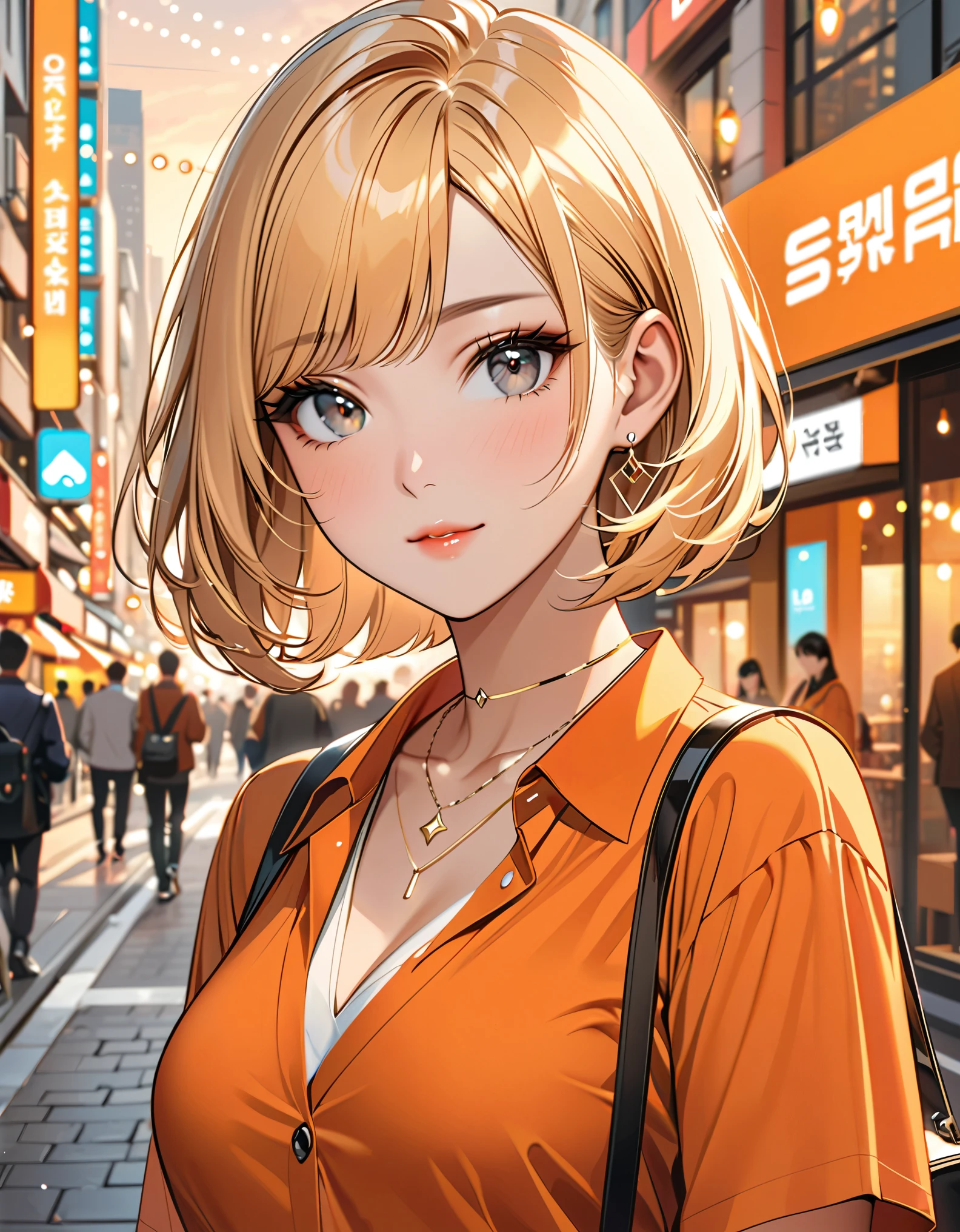 Curled bob cut, platinum hair woman in orange collared shirt posing to take photo in city, 8K artgerm Bokeh, well-proportioned body, beautiful korean woman, gorgeous necklace, beautiful young korean woman, soft portrait shot 8 K, korean girl, double and narrow eyes, beautiful gray eyes, Los Tran 8 K, Cute young woman, Korean woman, beautiful blonde girl