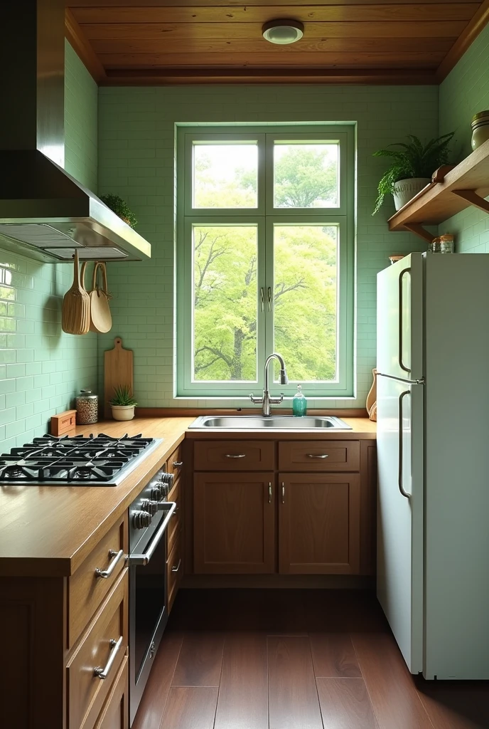 A kitchen with pastel green tiles on the wall, but the countertop near the sink should be wood and the cabinets below should be dark wood colored, that has a silver sink with a large moss green window above it, The kitchen should NOT have floating countertops, It must have a gas stove and a white refrigerator., The kitchen floor should be dark brown, The concept of kitchen layout should be straight