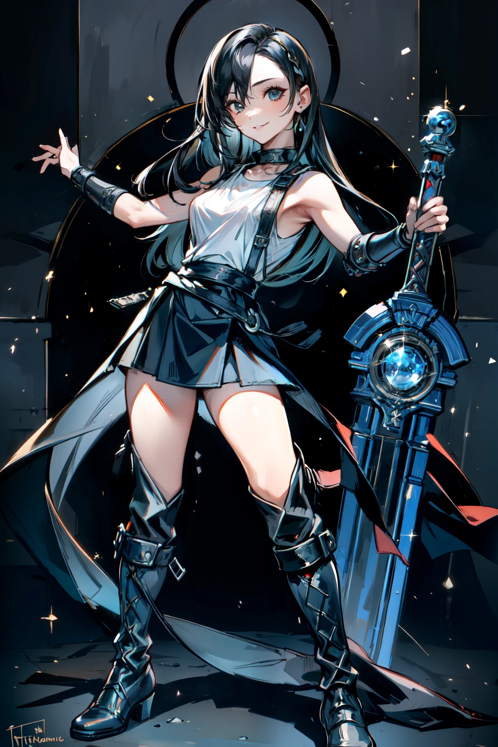 (masterpiece, best quality:1.2), perfect eyes, perfect face, ultra detailed face , Tifa Lockhart, strong make up, highres, 1 girl, solo, make up, (female:1.5),satin, white anciente greek clothes, sleeveless turtleneck, bracer, evil smile, standing, portrait, looking at viewer, giant sword on the back, long leather boots, fullbody shot