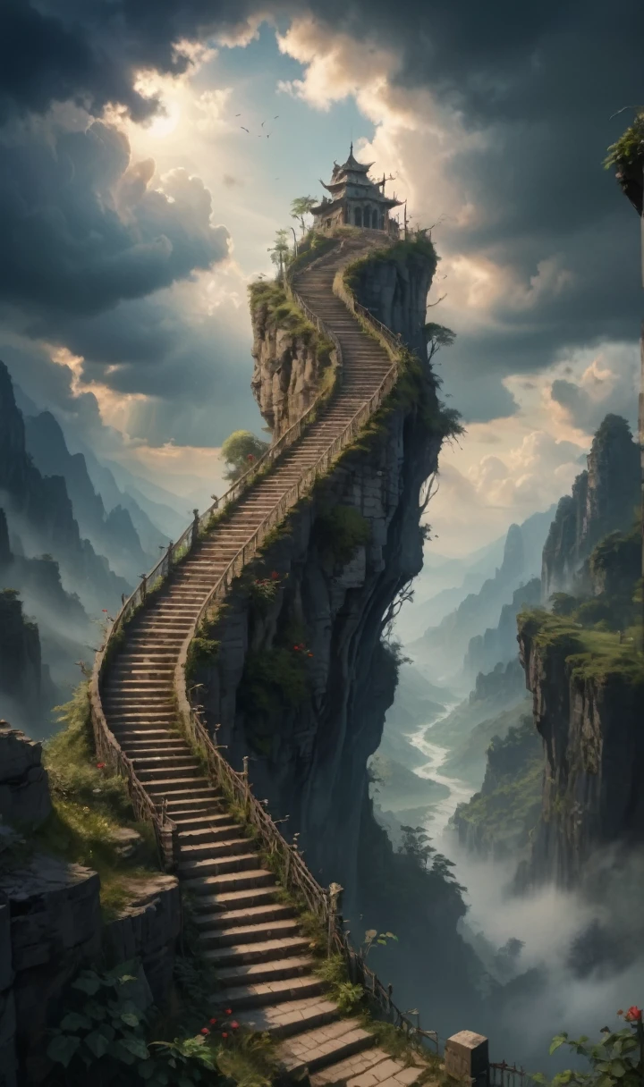 The stairs are winding,The road is full of thorns。