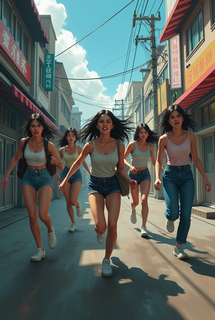 Five women in their twenties、Being chased by zombies、Japan、In town、panic、fear