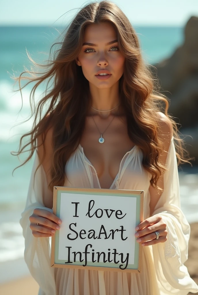 Beautiful girl with wavy long hair, bohemian dress, holding a white board with text "I Love Seaart Infinity" and showing it to the viewer