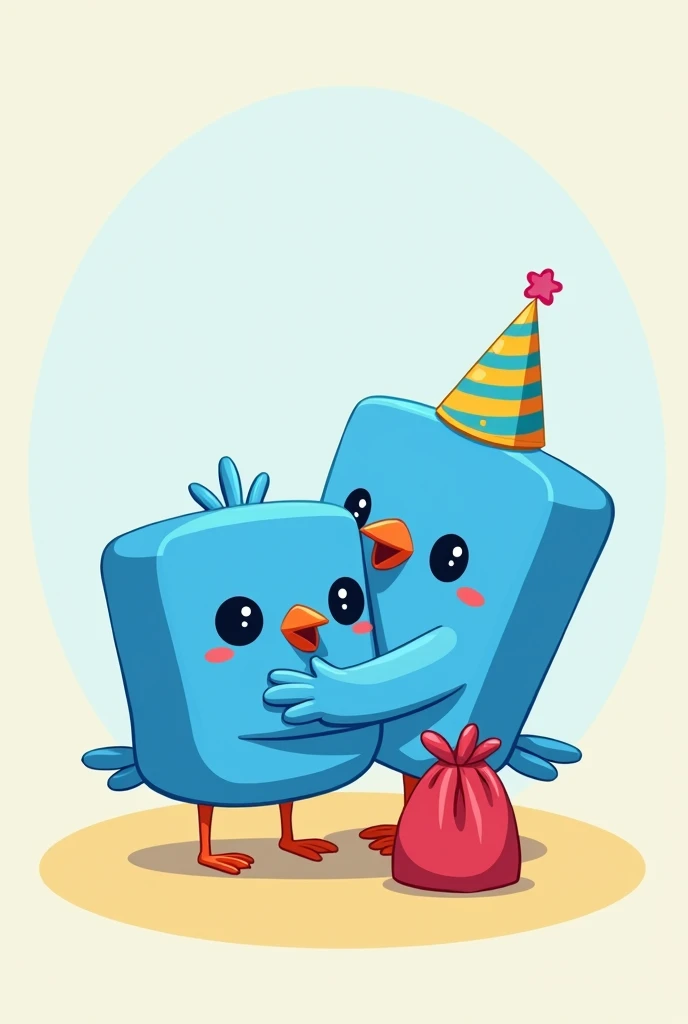 avatar (square blue bird) from the game WePlay the WeIrmão hugging another blue avatar, with a red bag on the side, Celebrating your birthday.