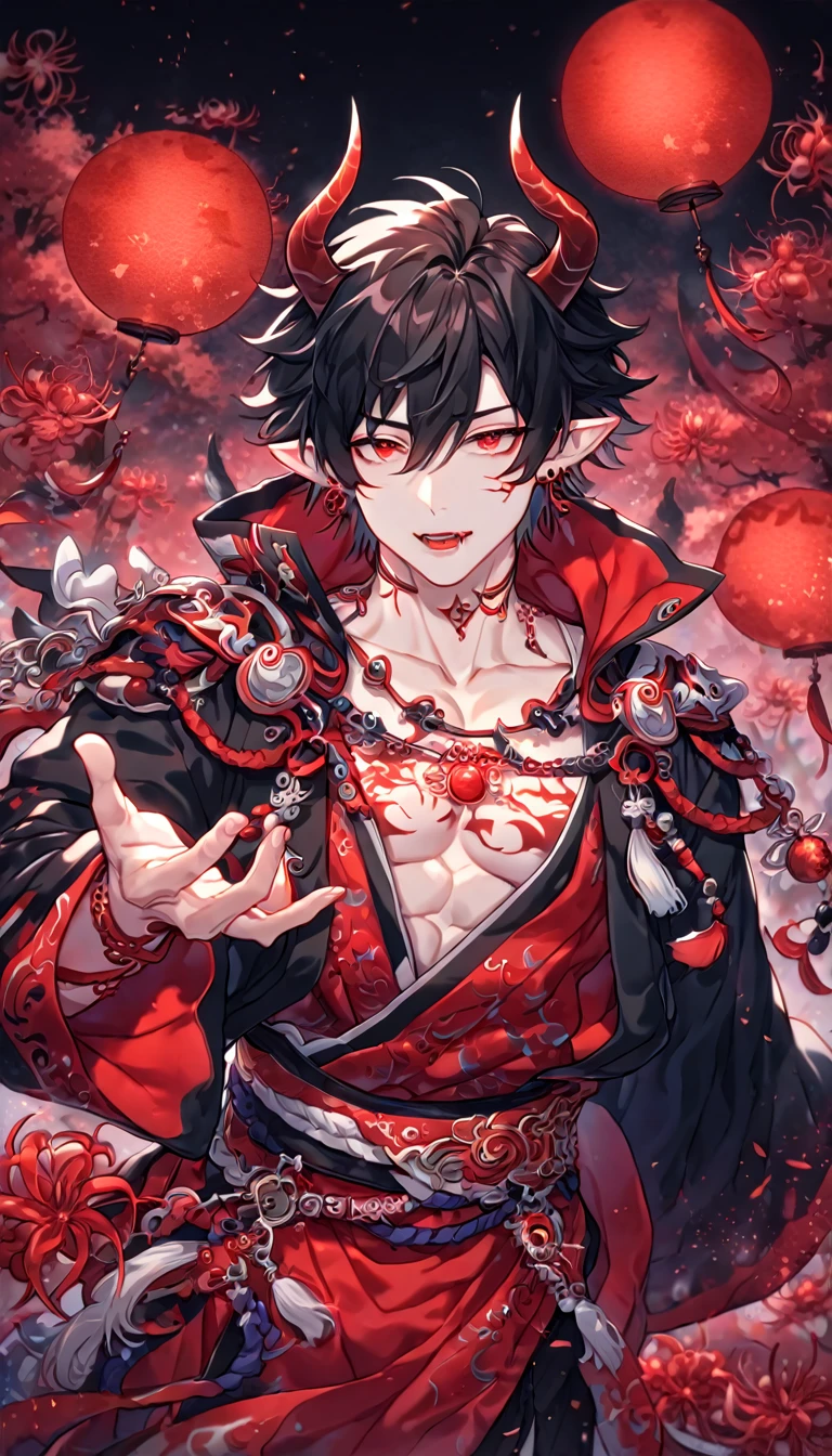absurdres, highres, ultra detailed, HDR, master piece, best quality, extremely detailed face, delicated features, Xue Yu, untamed spiky hair, black hair, hair between the eyes, short hair,expressive red eyes, Thousand Years War, solo, sexy man, manly man, handsome, demon, horns, slightly poited ears, showing the chest, black haori, red fantasy robes, accessories, spider lilies patterns, red moon, red blood water, fantasy, magic, envy magical, red trees, forest, red dust, red lanterns, red fire, red floating round lights, Jujutsu Kaisen