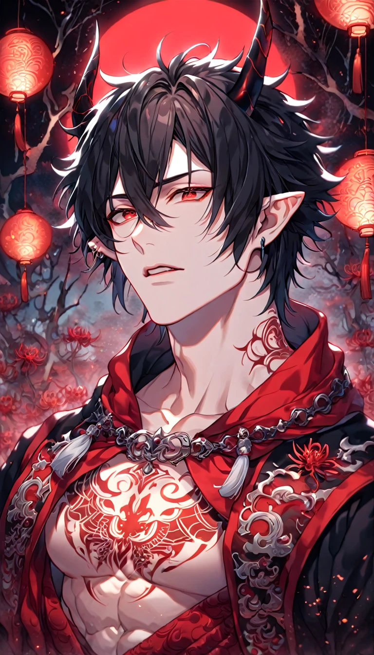 absurdres, highres, ultra detailed, HDR, master piece, best quality, extremely detailed face, delicated features, Xue Yu, untamed spiky hair, black hair, hair between the eyes, short hair,expressive red eyes, Thousand Years War, solo, sexy man, manly man, handsome, demon, horns, slightly poited ears, showing the chest, black haori, red fantasy robes, accessories, spider lilies patterns, red moon, red blood water, fantasy, magic, envy magical, red trees, forest, red dust, red lanterns, red fire, red floating round lights, Jujutsu Kaisen