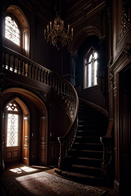 Interior rooms of the most sinister castle in the world, very baroque, many beautiful colors, twisted gothic interior stairs