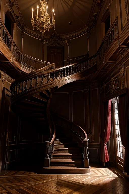 Interior rooms of the most sinister castle in the world, very baroque, many beautiful colors, twisted gothic interior stairs