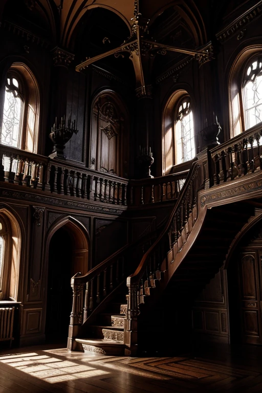 Interior rooms of the most sinister castle in the world, very baroque, many beautiful colors, twisted gothic interior stairs