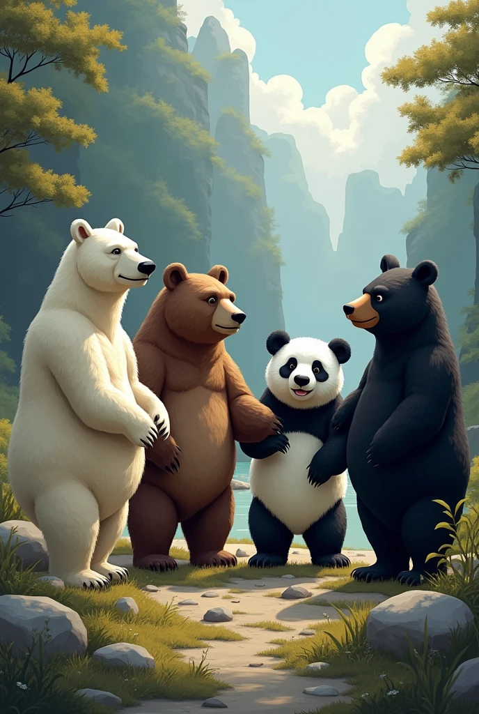 a polar bear, brown bear, panda bear and a black bear making a power point