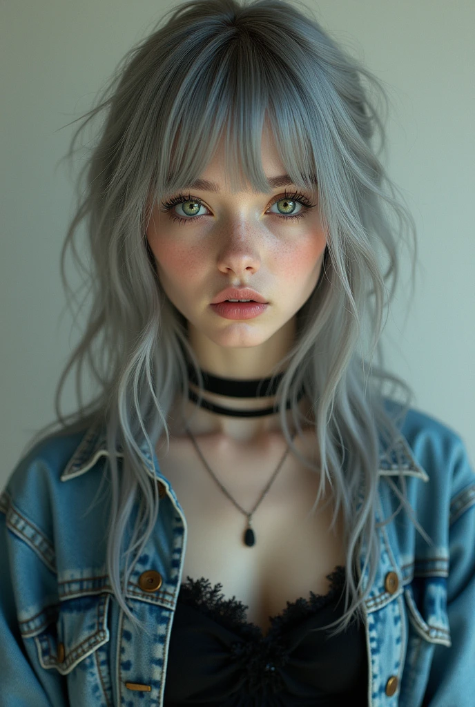 Young white-skinned rocker woman with long gray hair with bangs to the left and green eyes, with black dress and denim jacket, innocent looking