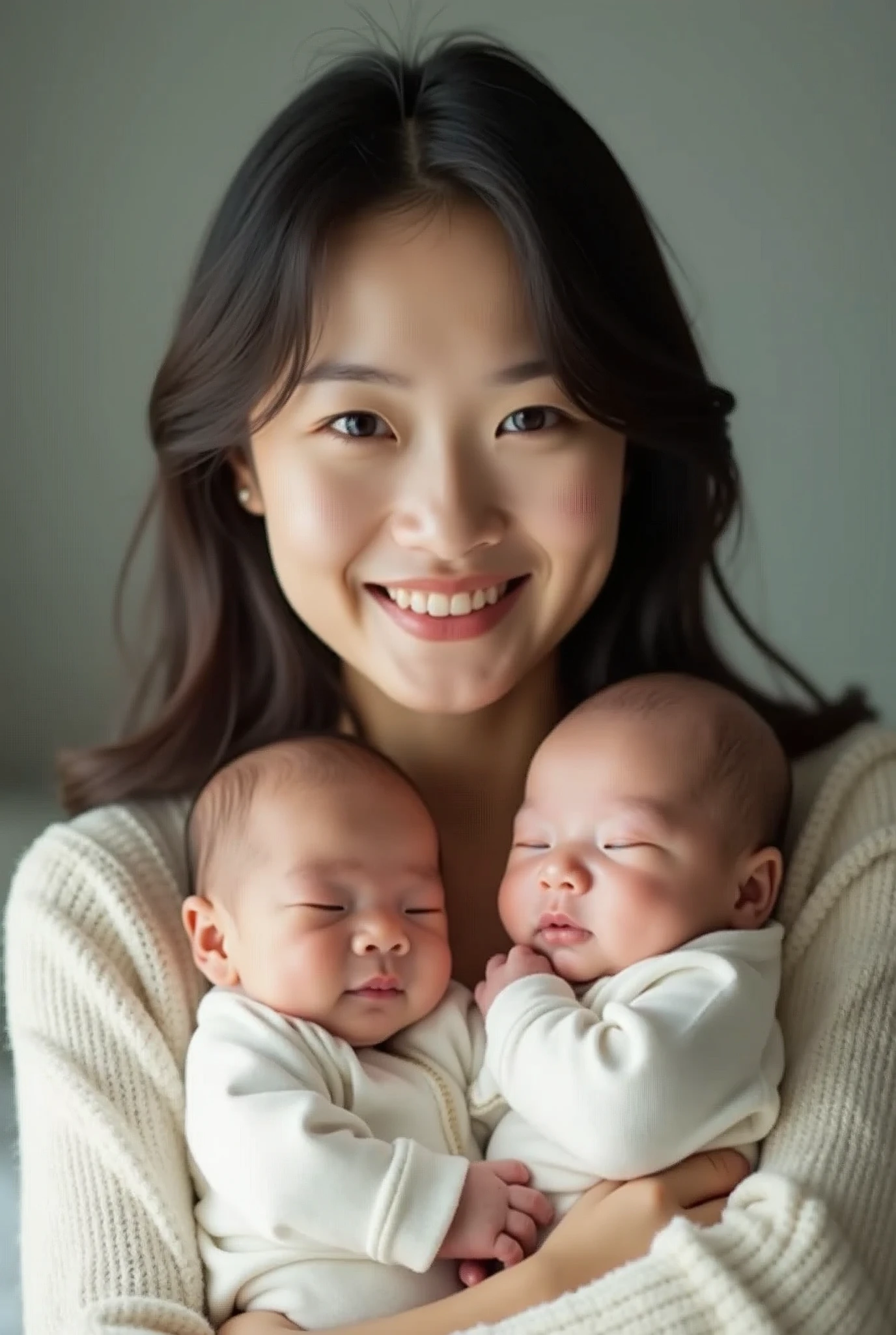 Chinese women around 30 years old, Natural dark brown hair, Looks innocent, She held two newborn Chinese babies in her arms, Ultra-clear focus, realistic lens, Upper body shooting